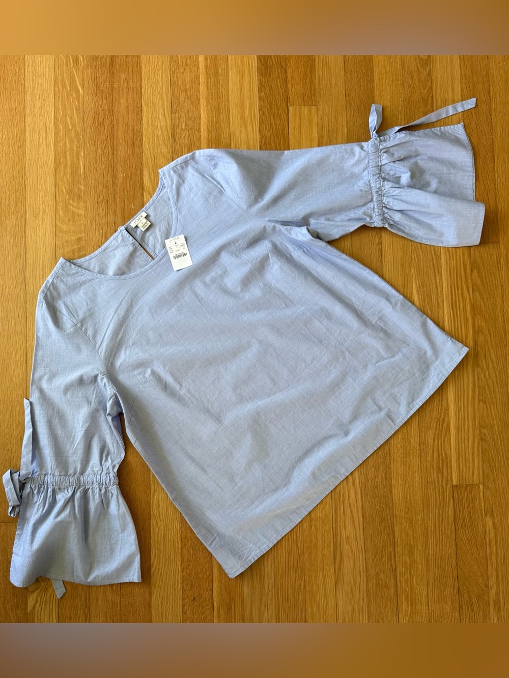 J.Crew Women’s XL Blue Cotton Blouse Bell Sleeve Tie Detail NWT